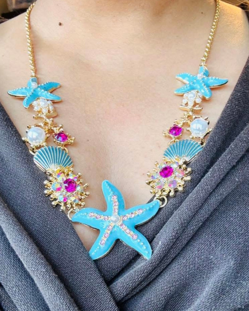 Beach Themed Rhinestone Starfish Faux Pearl Necklace and Bracelet Sets