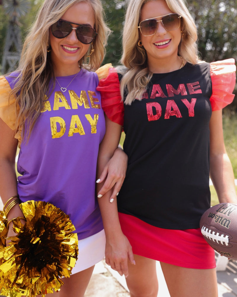 “Game Day" Short Ruffle Sleeve Sequin Patch Top