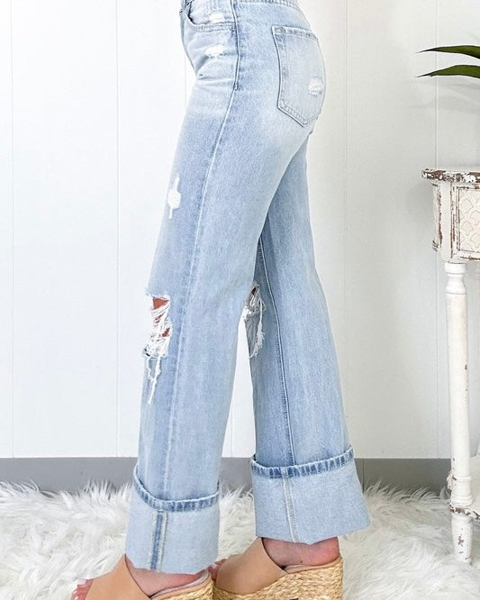 High Waist Light Wash Vintage Style Distressed Wide Leg Turned Cuff Jeans