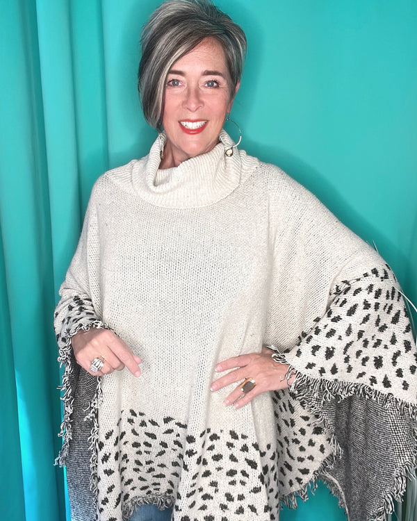 Cream & Black Leopard Animal Print Poncho Shawl Turtleneck Sweater