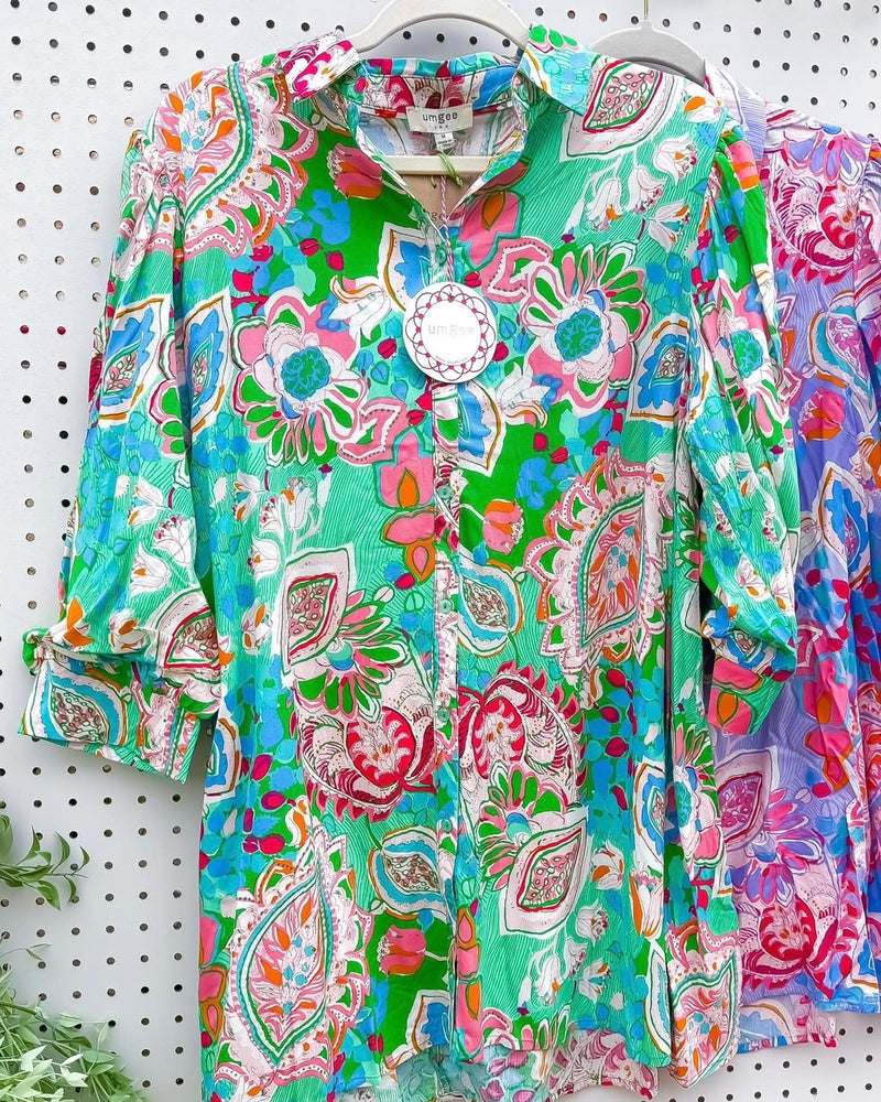 Green Pink Multicolor Paisley Floral Mix Print A-Line Swing Button Down 3/4 Sleeve Tunic Top Dress