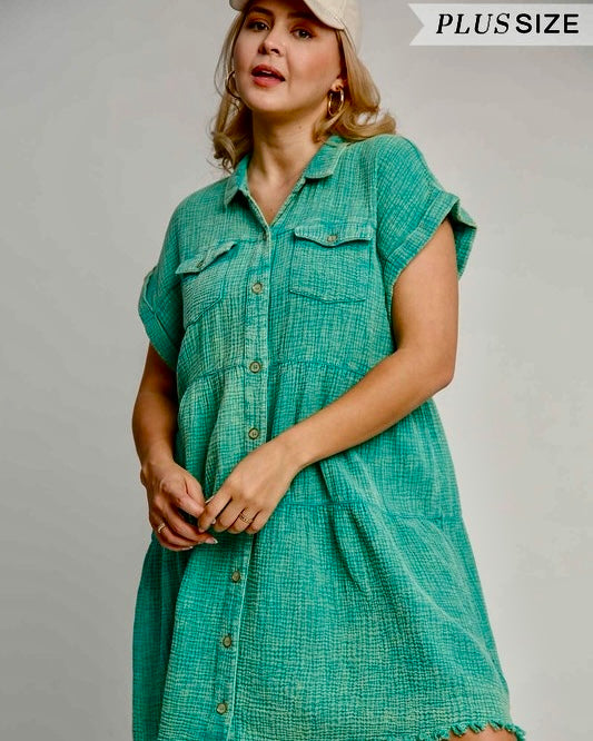 Green or Coral Mineral Washed Cotton Button Down Collared Neck Frayed Hem Short Sleeve Dress