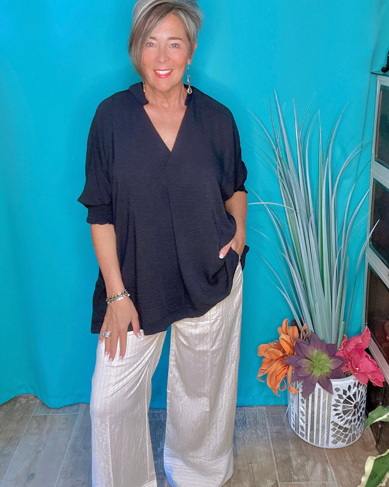 Solid Black Dolman 3/4 Elastic Smock Cuff Sleeve Collared VNeck Blouse