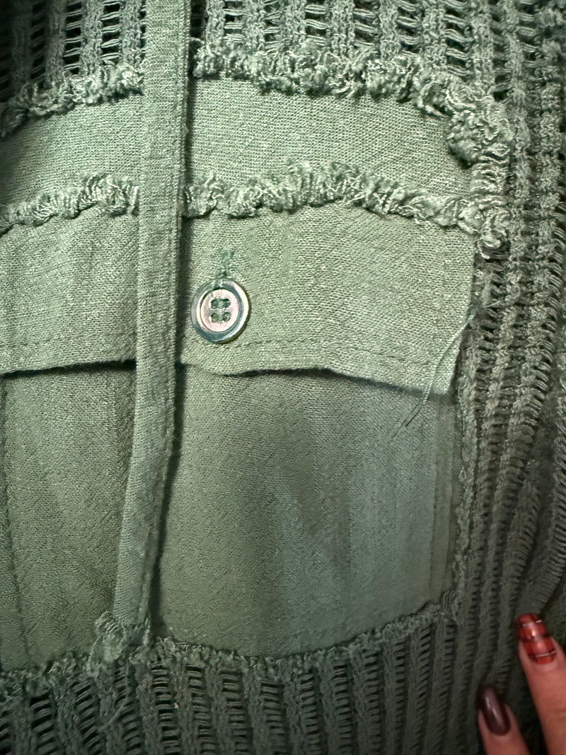 Emerald Green, Sage Green, Red or Neutral Cream Open Knit Button Down Pocket Hoodie Long Sleeve Shirt Shacket Top