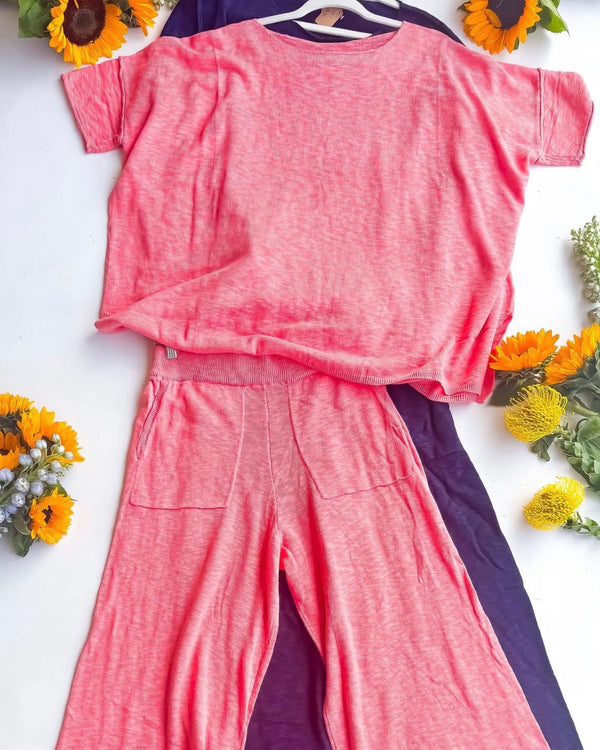 2 Pc Light Coral or Navy Blue Short Sleeve Elastic Wide Leg Pant Lounge Set