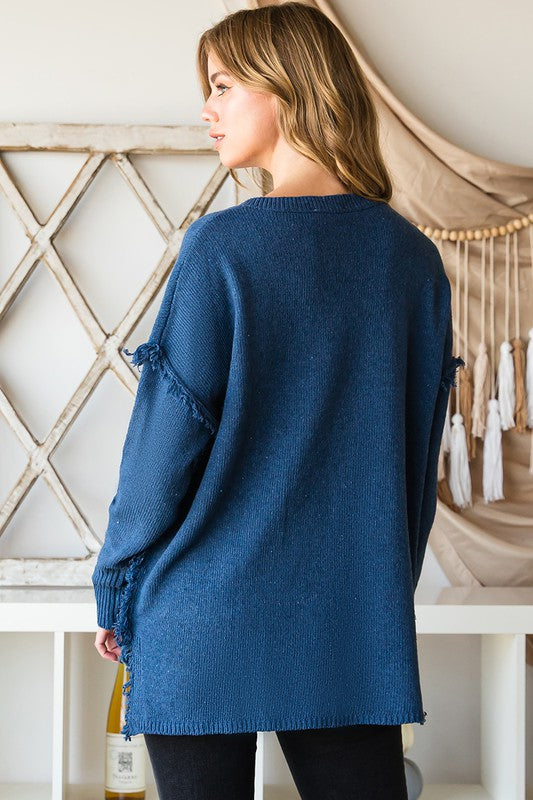 DOOR BUSTER Deep Solid Blue or Khaki Tan Fringe Shoulder Button Neck Long Sleeve Sweater Knit Top