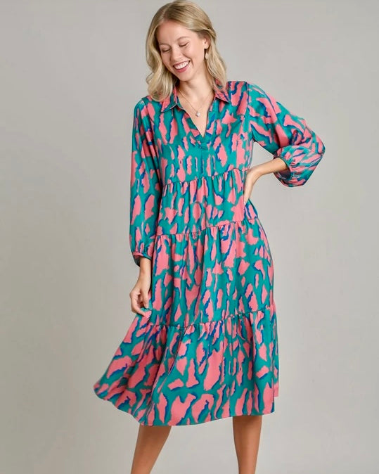 Pink, Blue & Teal Satin Animal Leopard Print 3/4 Sleeve Collared Midi Dress