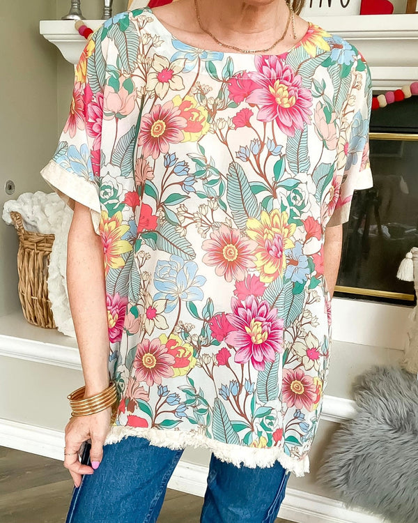 Multi Spring Floral Top with Short Cuff Sleeves and Fringe Hemline (Copy)