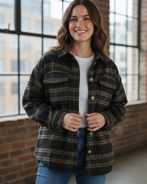 Black Plaid Wool Short Long Sleeve Button Front Jacket