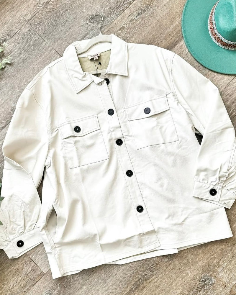 Plus Size White Faux Leather Button Down Side Pockets Jacket