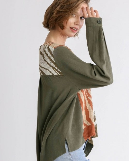 Army Green Animal Zebra Print Button Front Long Sleeve Cardigan Jacket Top