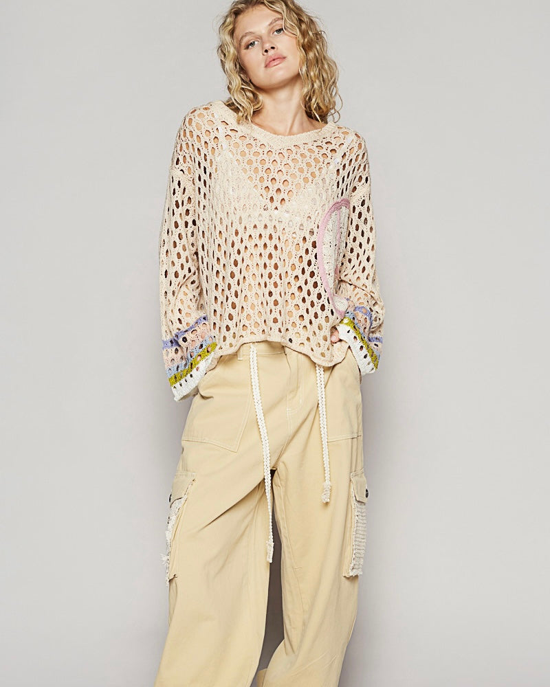 Boho Cream Hollowed Out Crochet Knit Sweater Top