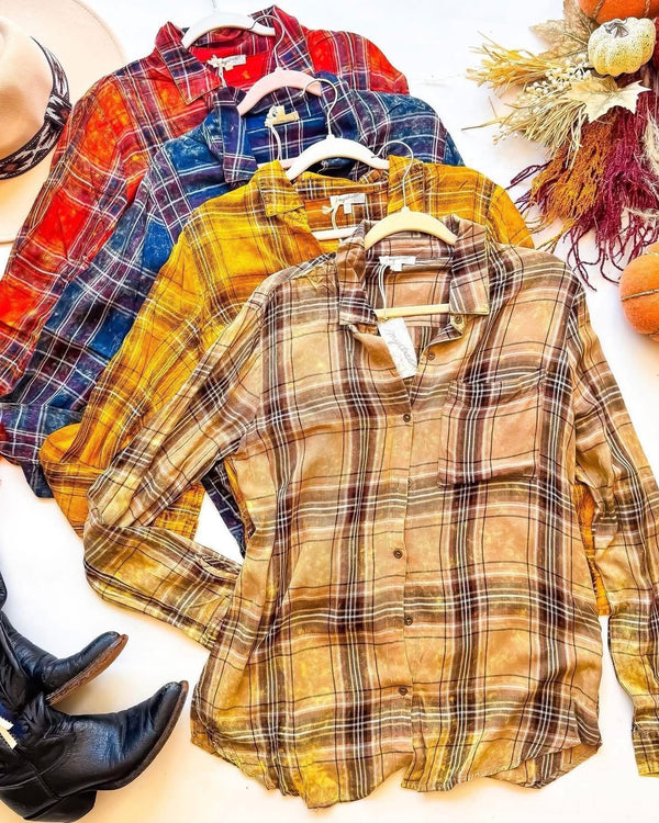 Navy Blue or Golden Tan Plaid Long Sleeve Button Down Top