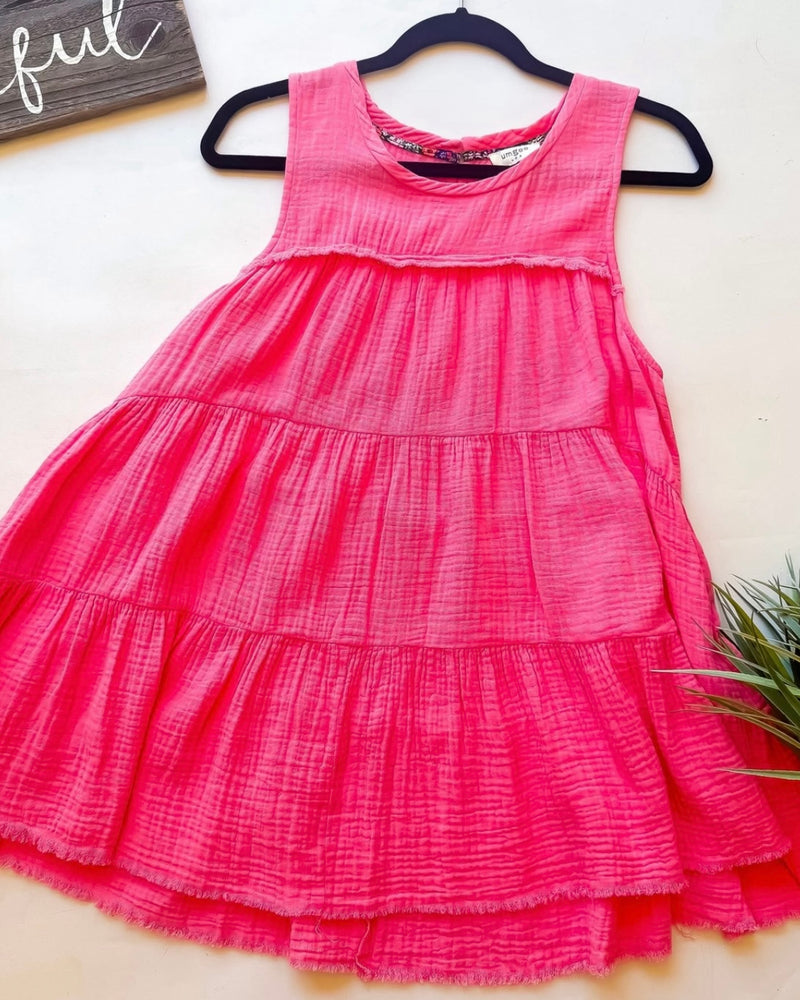 White, Pink or Lime Green Oversized Sleeveless Tiered Babydoll Cotton Gauze Top