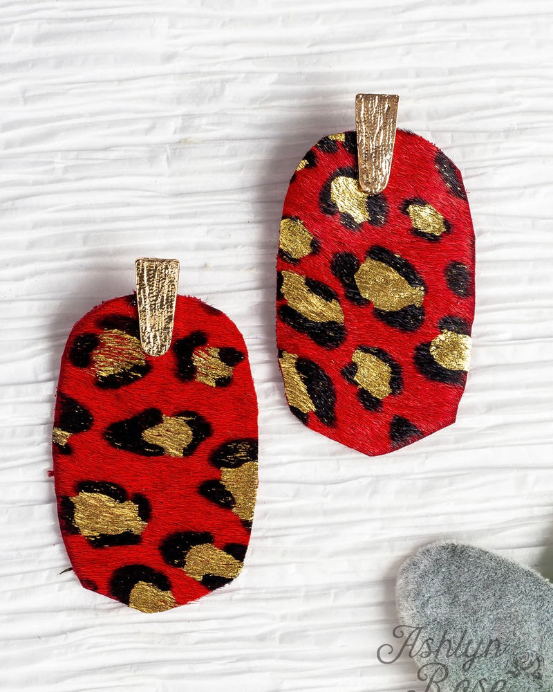 Red Leopard Faux Cow Print Gold Post Earrings