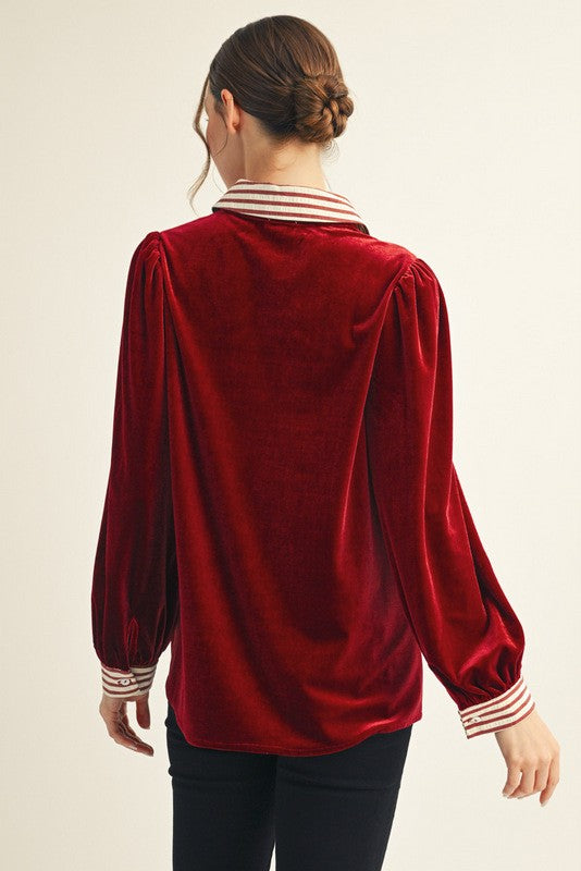 Garnet Red or Emerald Green Velvet Button Down Long Sleeve Contrast Stripe Top