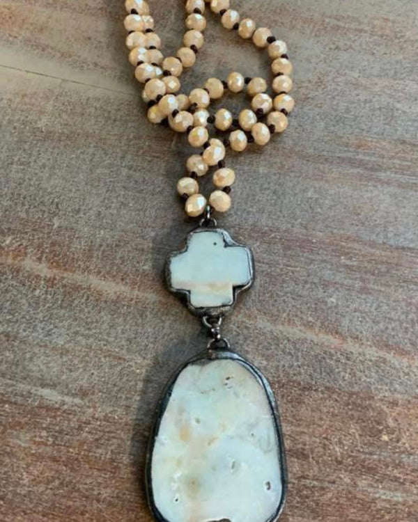 Large White, Turquoise or Champagne Beaded & Stone Pendant Necklace