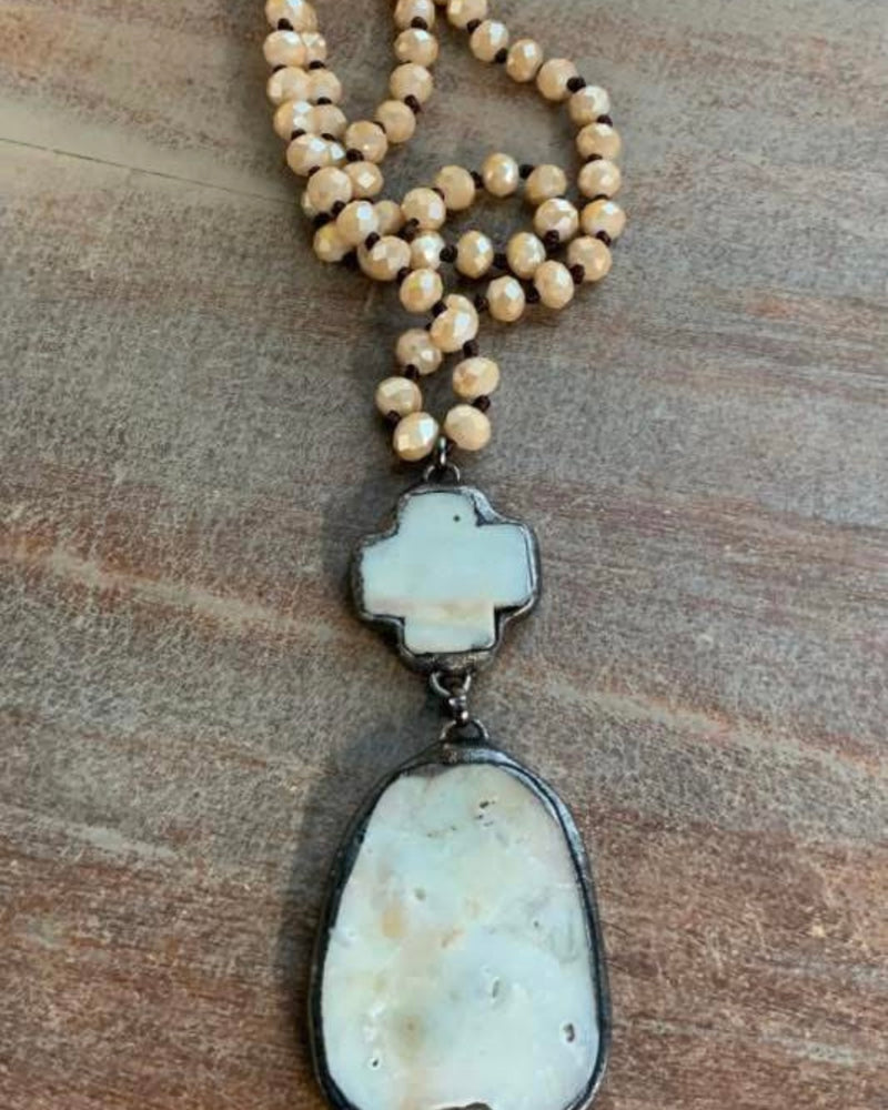 Large White, Turquoise or Champagne Beaded & Stone Pendant Necklace