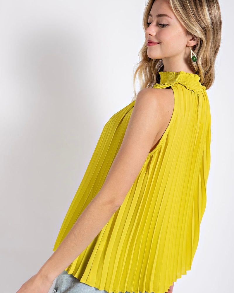 Bright Yellow Kiwi Pleated Halter Top with Back Keyhole