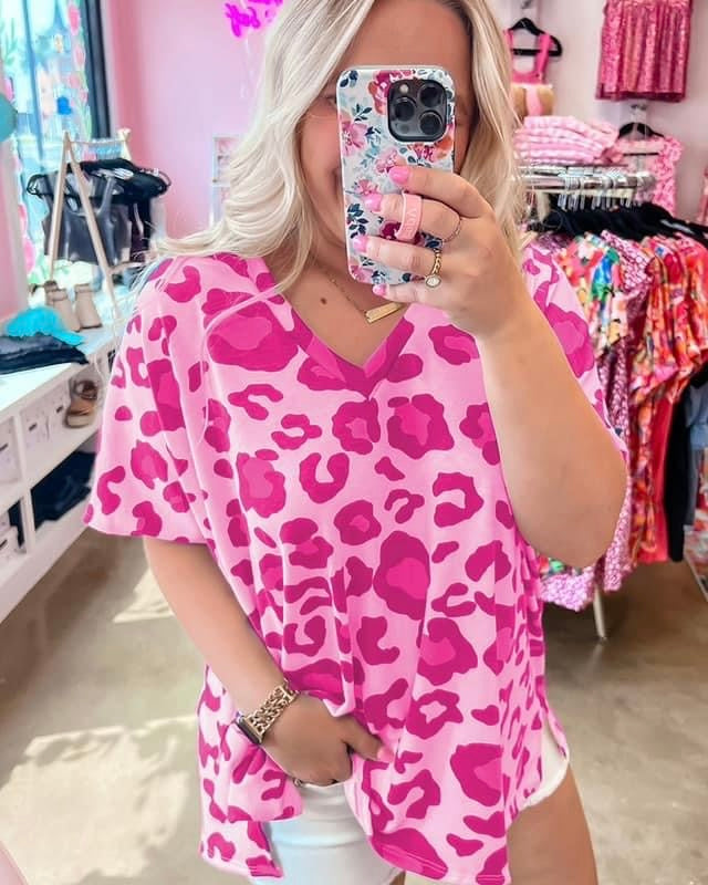 Plus Size Pink on Pink Leopard Print Short Sleeve VNeck Top