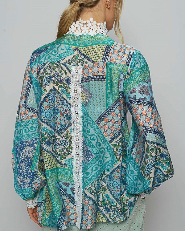 Boho Vibe Turquoise & Blue Tone Fabric w/White Lace Detail Button Neck Long Sleeve Blouse Top