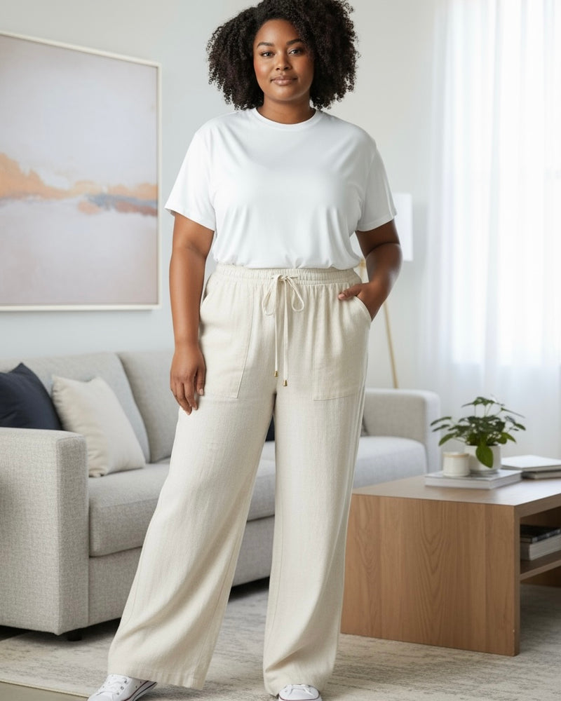 Natural Cream Plus Size Elastic Waist Wide Leg Linen Pant