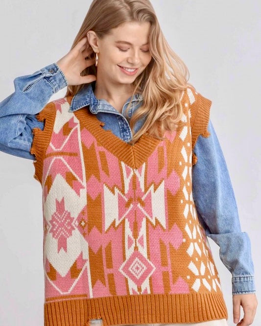 Terra Cotta Rust & Pink Aztec Pattern VNeck Sweater Vest with Distressed Detail