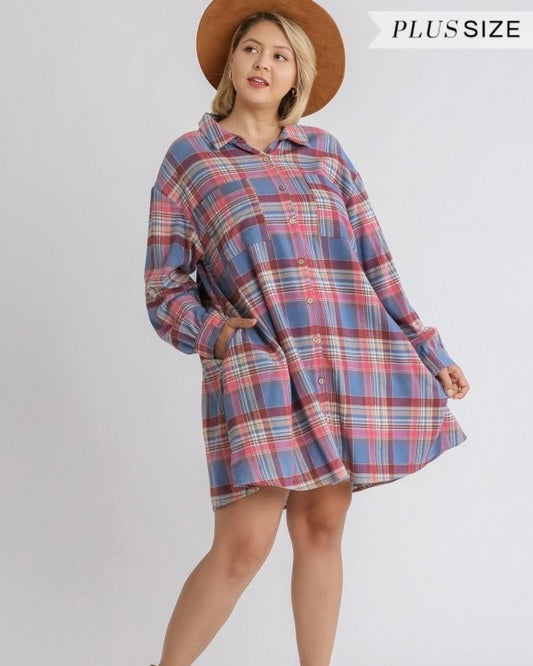 Plus Size Blue & Purple Plaid Button Down Long Sleeve Tunic Dress