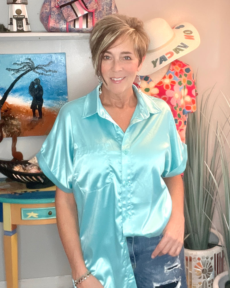 Turquoise Blue Satin like Button Down Blouse