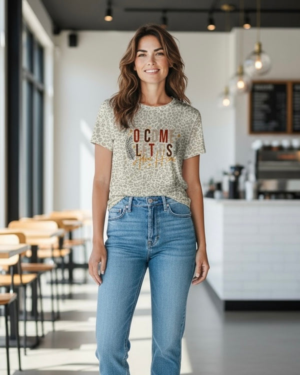 Khaki & Cream Leopard "O Come Let Us Adore Him" Christmas Holiday Tshirt Top