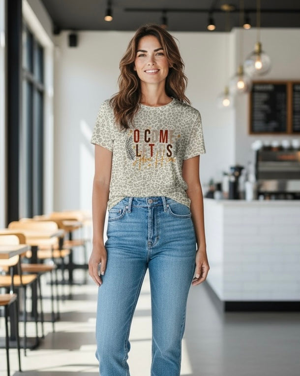 Khaki & Cream Leopard "O Come Let Us Adore Him" Christmas Holiday Tshirt Top