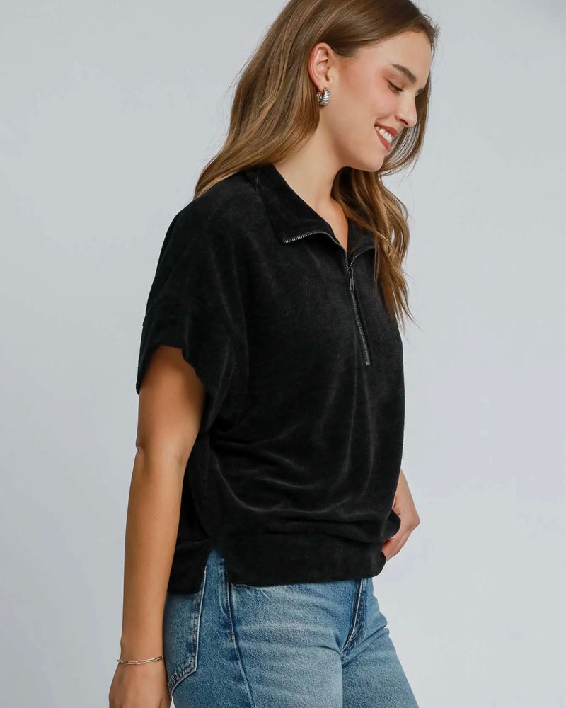 Solid Black Velvet Half Zip Neck Short Sleeve Top