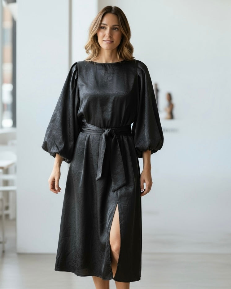 Long Black Satin Elastic Waist Long Sleeve Dress