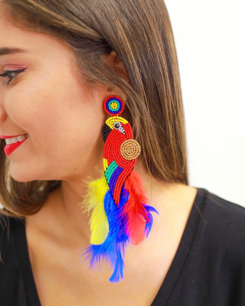 Bright Multicolor Beaded Parrot Bird with Feathers Earrings