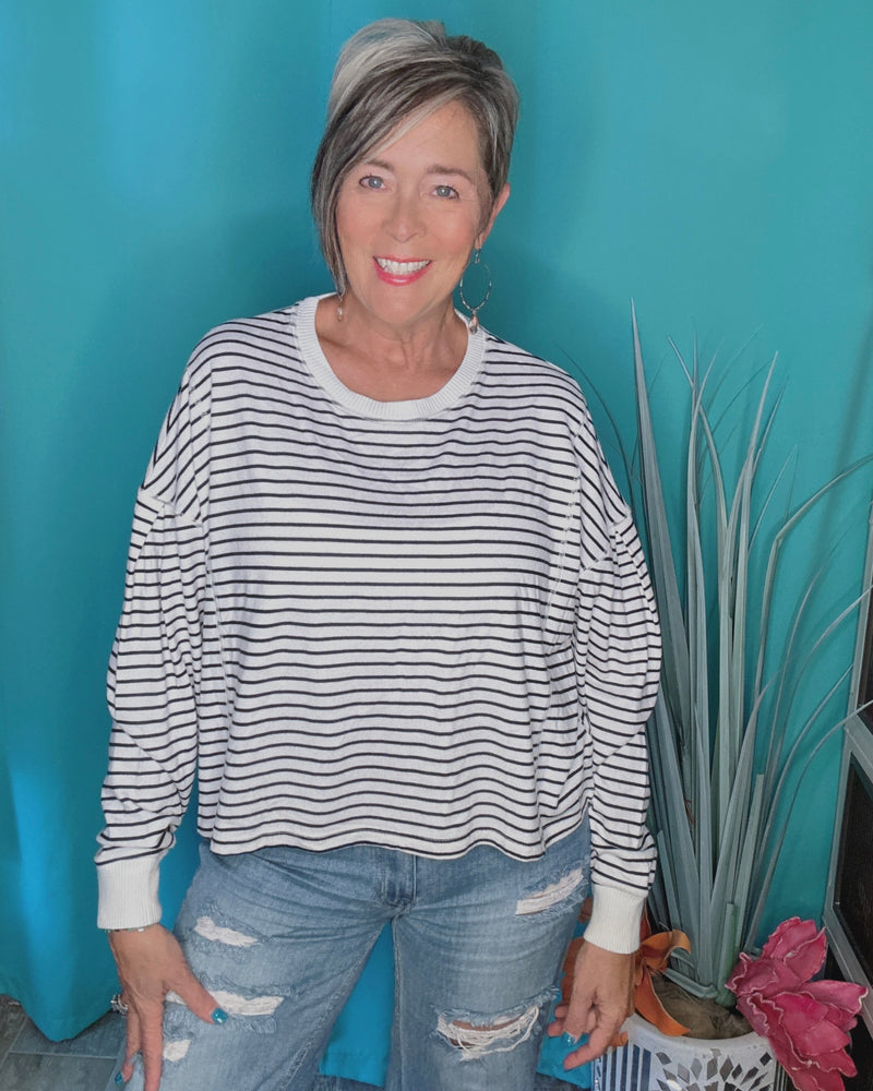 White w/Black Stripe Round Neck Drop Shoulder Jersey Long Sleeve Pullover
