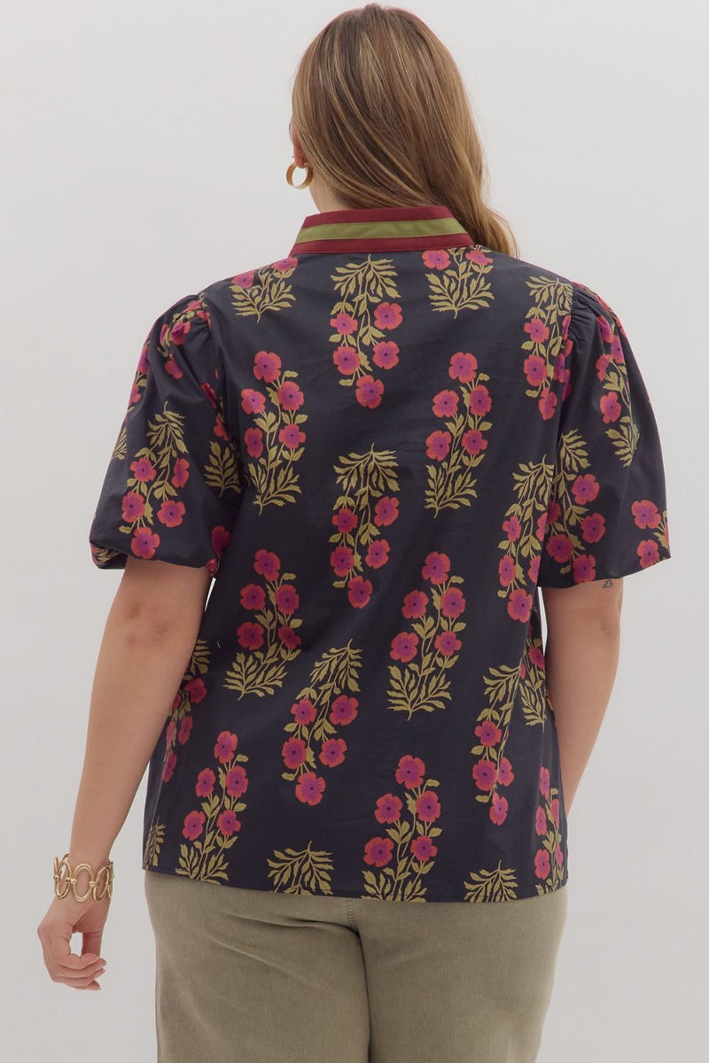 Black w/Red & Green Floral Print Short Puff Sleeve Open Neck Top