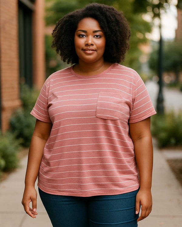 Plus Size Pink Stripe Short Sleeve Pullover Top
