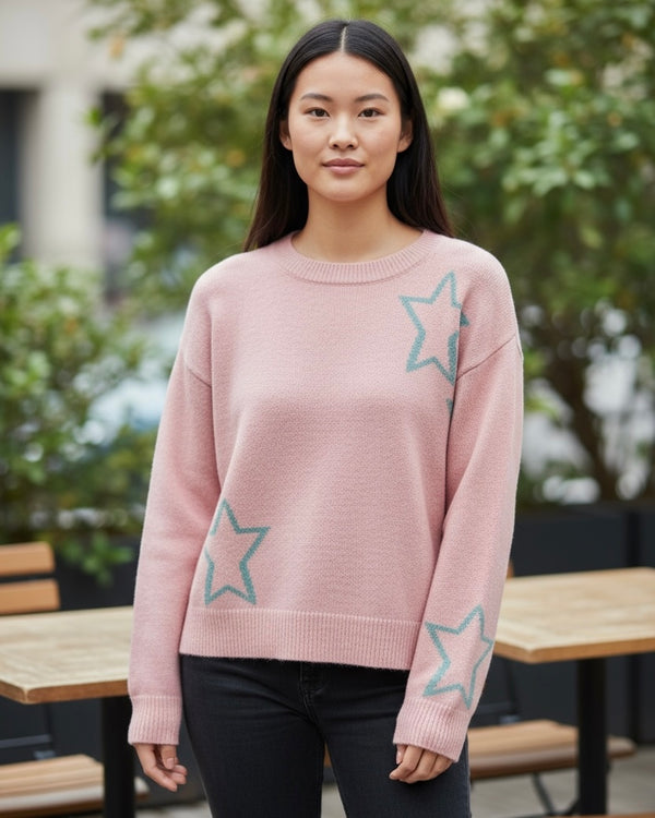 Light Blush Pink Star Long Sleeve Crew Neck Sweater