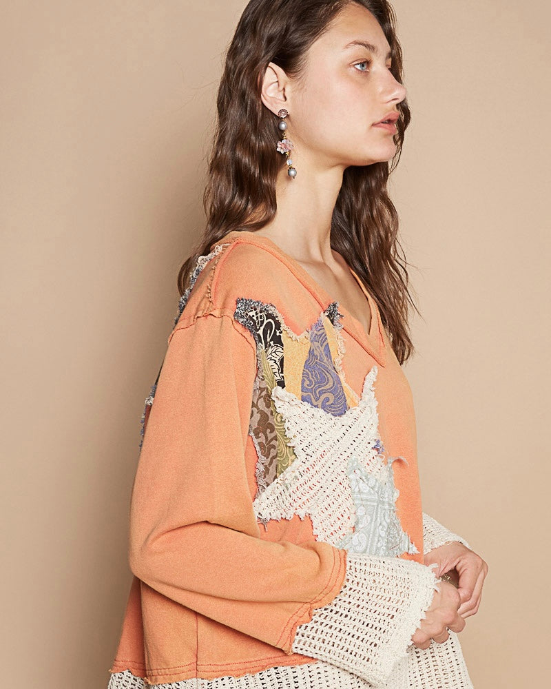 FALL Boho Papaya Orange Patch Star French Terry Long Sleeve Sweatshirt Top