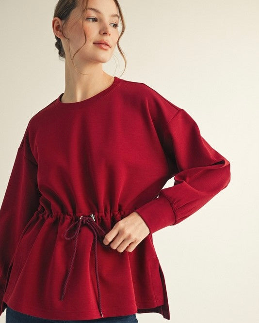 Solid Burgandy Wine Drawstring Waist Smooth Texture Long Sleeve Top
