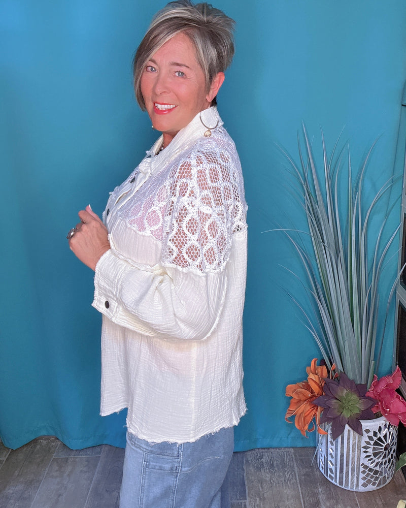 Neutral Cream Button Down Gauze Long Sleeve Lace Inset Chest Pocket Top