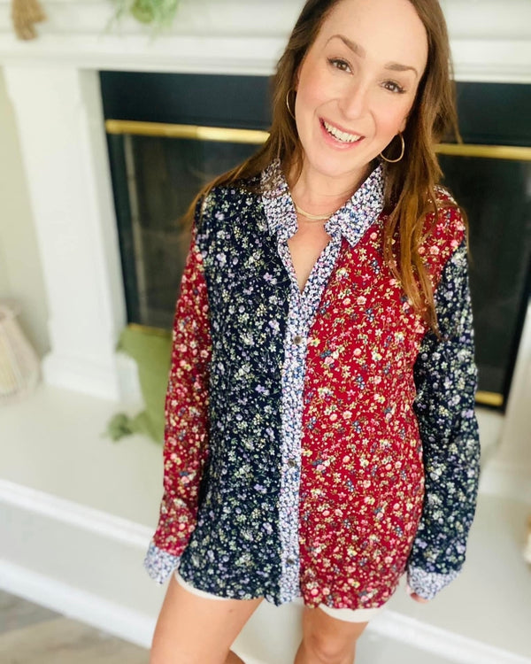 Navy Blue Burgandy Wine Mixed Floral Print Color Block Button Down Long Sleeve Blouse