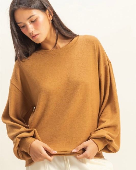Camel Pale Brown Round Neck Long Balloon Sleeve Pullover Top