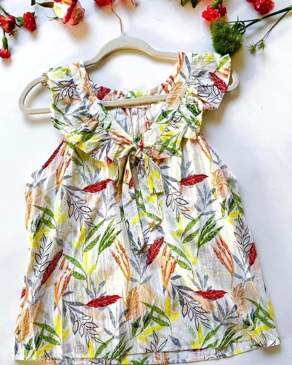 White & Green Tropical Leaf Print Multi Ruffle Tie Neck Sleeveless Cotton Tank Top