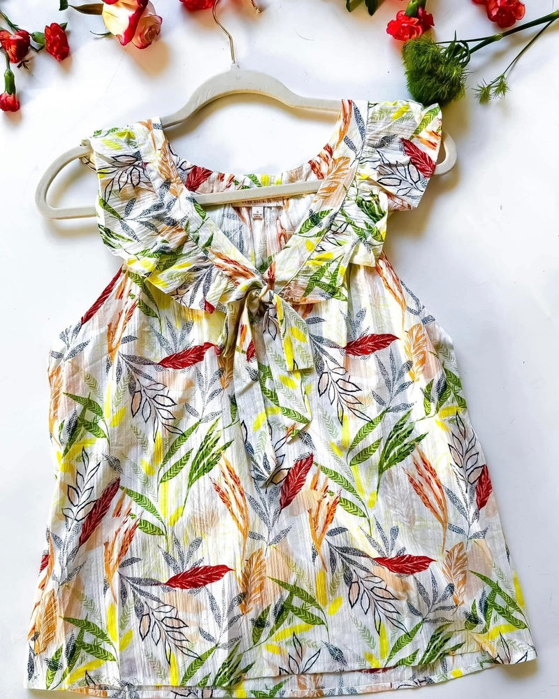 White & Green Tropical Leaf Print Multi Ruffle Tie Neck Sleeveless Cotton Tank Top