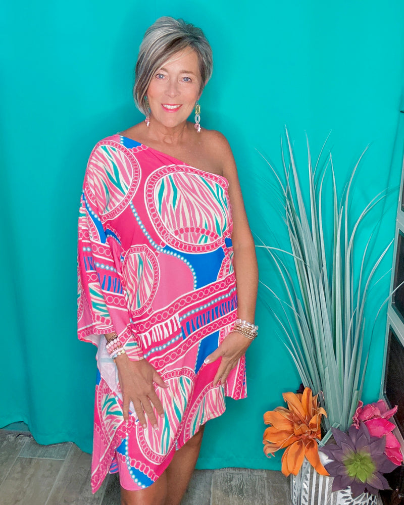 Pink Tropical Graphic Print One Shoulder Sleeve dress
