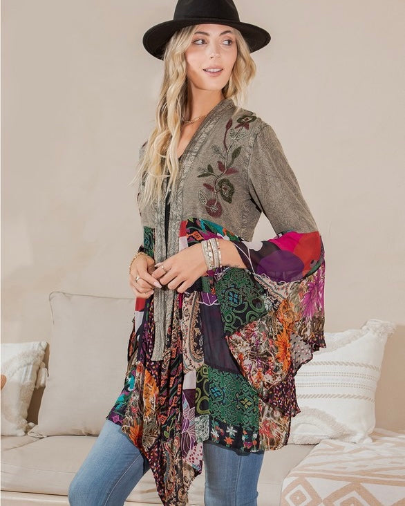 Bohemian Mix Long Flare Bell Sleeves Embroidery Artisan Kimono