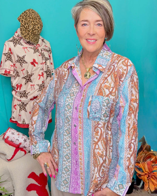 Multicolor Blue Mix Media Button Down Long Sleeve Top