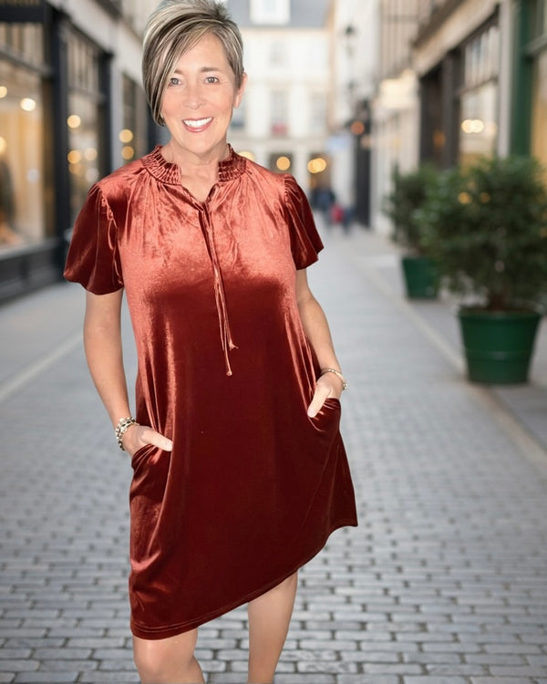 Rust Cinnamon Holiday Fall Short Puff Sleeve Neck Tie Velvet Dress