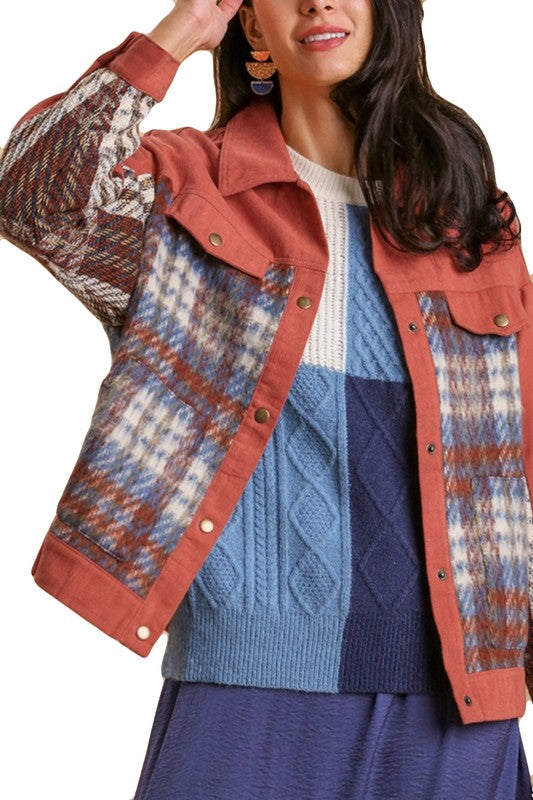 Terra Cotta Rust Sherpa Plaid Button Up Long Sleeve Jacket